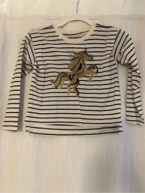 Jessica Simpson Black & Cream Striped Long-Sleeve Top with Gold Sequin Horse
